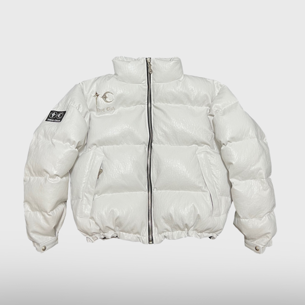 Thug Club TC Leather Puffer Jacket in white, front view with center zip, TC emblem and sleeve patch