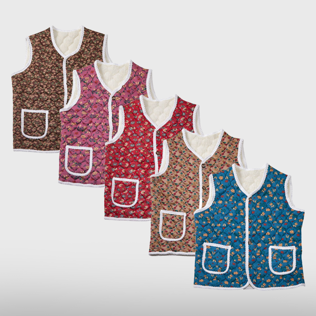 Five Women's Floral Pocket Kimjang Vest colorways in brown, pink, red, beige and blue, stacked to show each floral pattern
