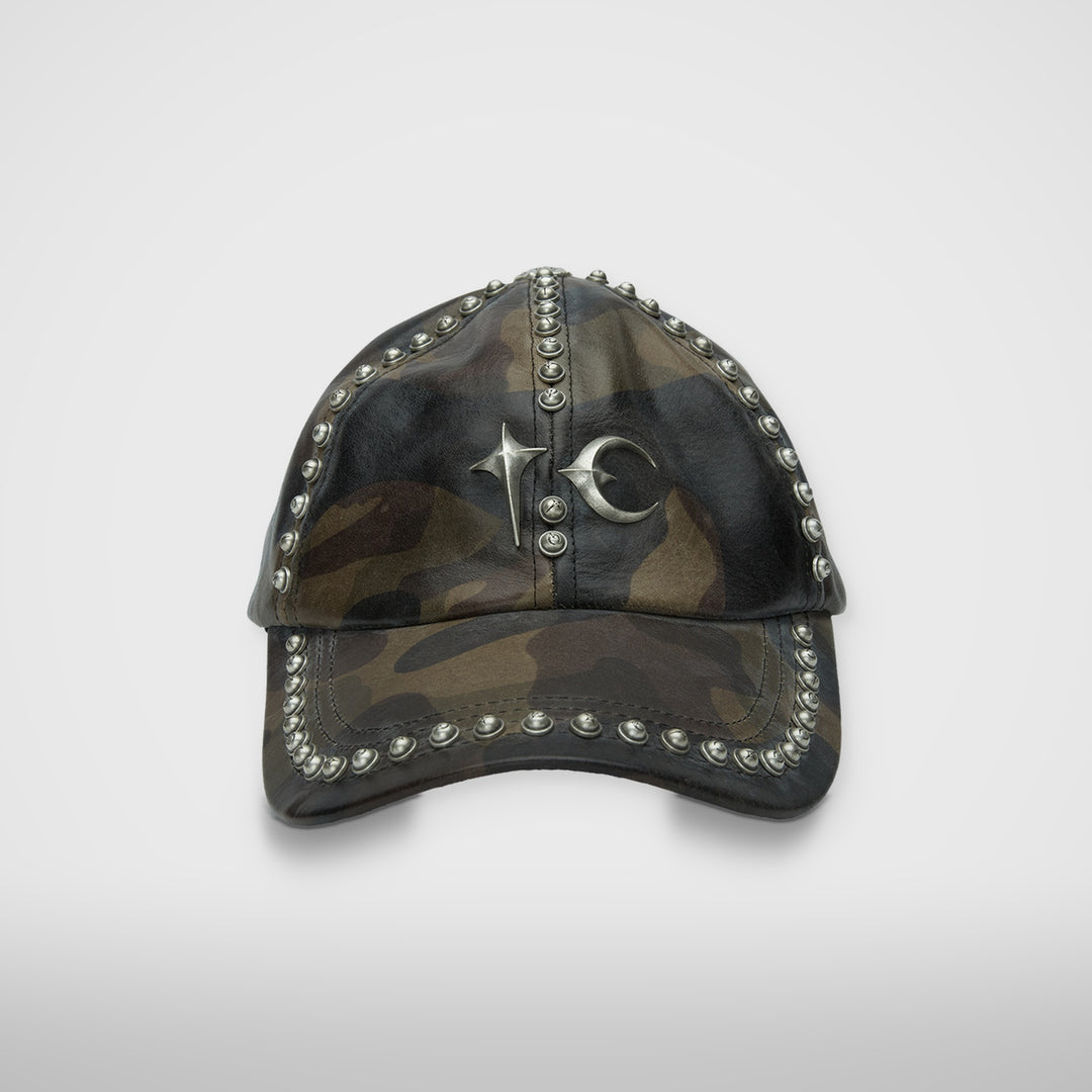 Studded Camo Leather Cap