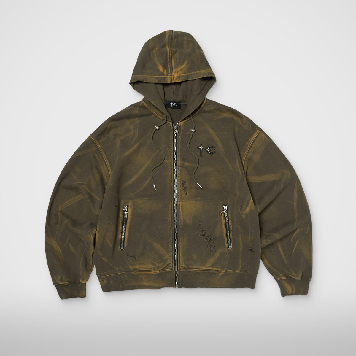 Thug Club TC Two Tone Washed Zip-Up Hoodie in olive, front view