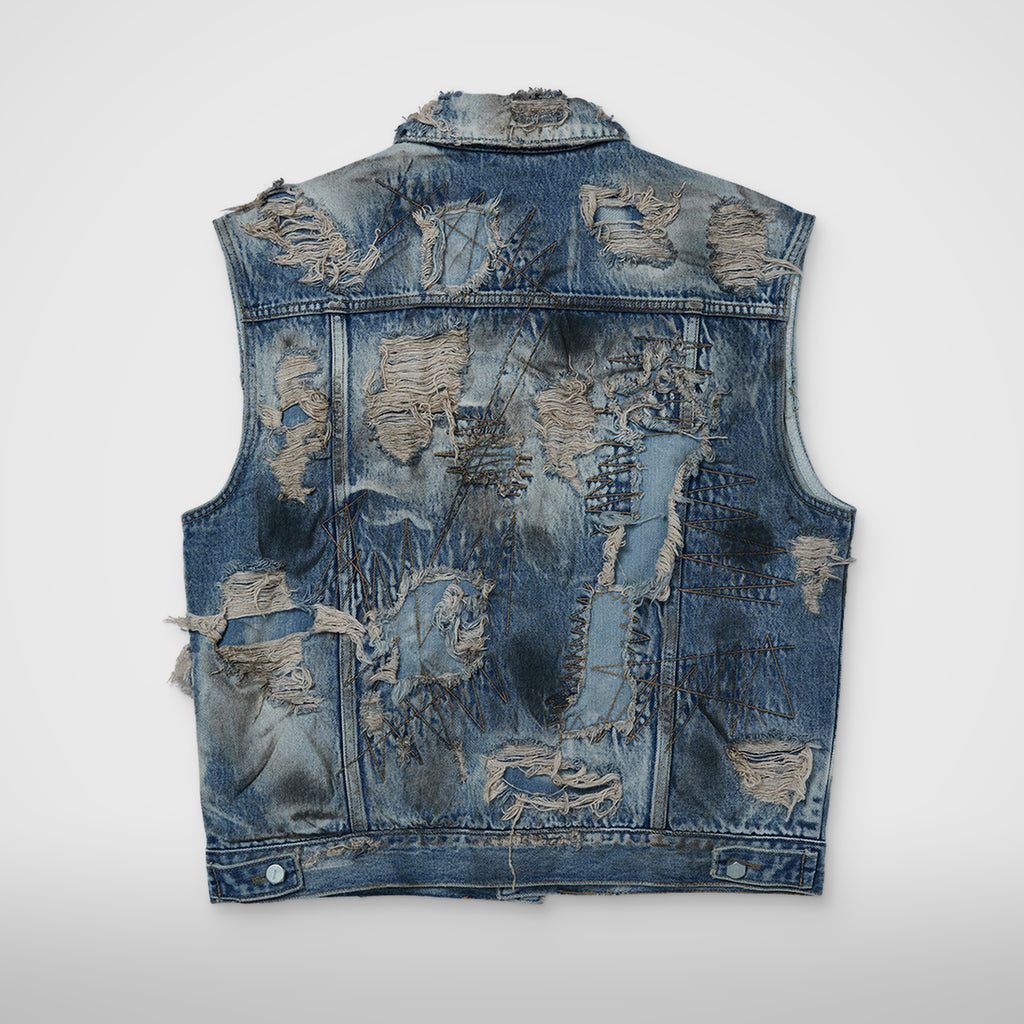 Thug Club Hard-Washed Damaged Denim Vest in blue, view 2 of 2