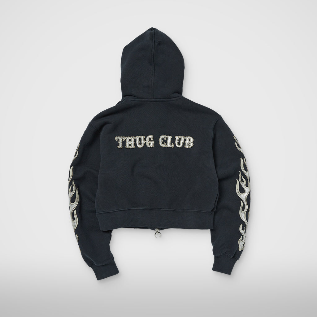 Thug Club Leather Flame Cropped Hooded Zip-Up in navy, view 2 of 2