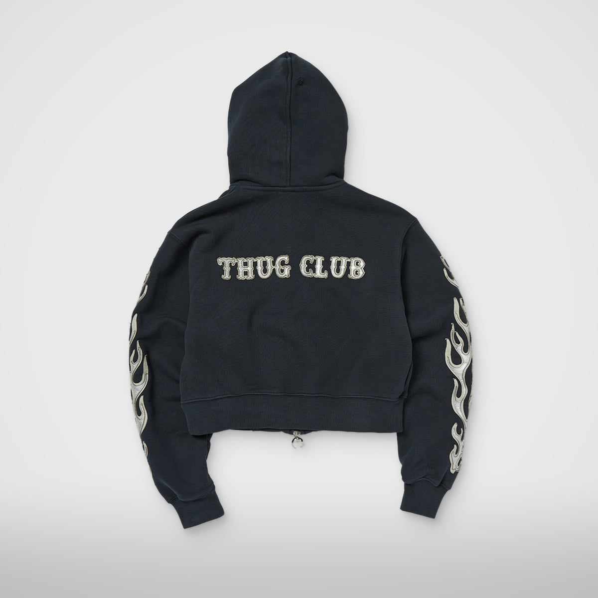 Thug Club Leather Flame Cropped Hooded Zip-Up in navy, view 2 of 2