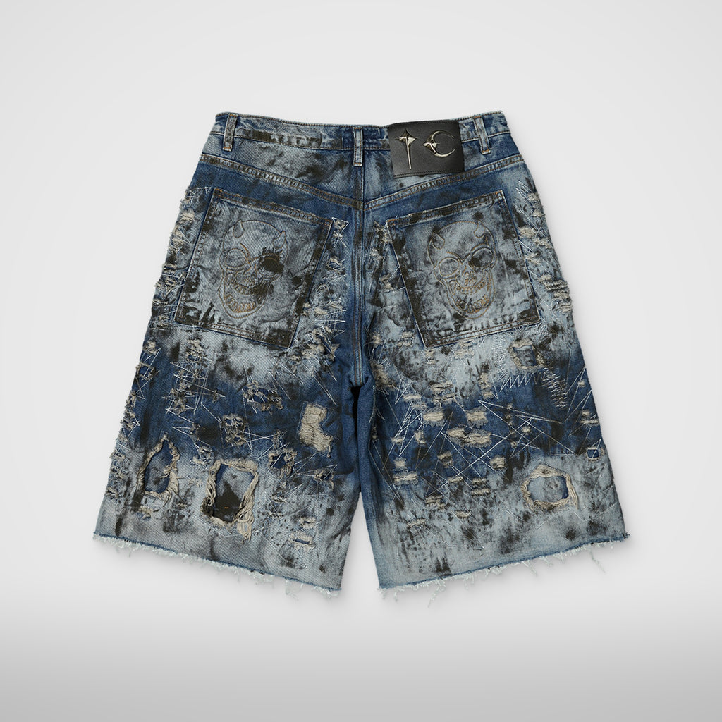 Thug Club Hard Washed Destroyed Denim Shorts in blue, view 2 of 2