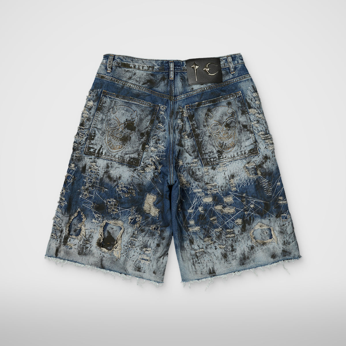 Thug Club Hard Washed Destroyed Denim Shorts in blue, view 2 of 2