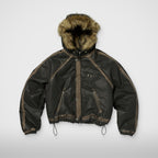 Thug Club Three Riding Skull Fur Hooded Jacket in black, front view