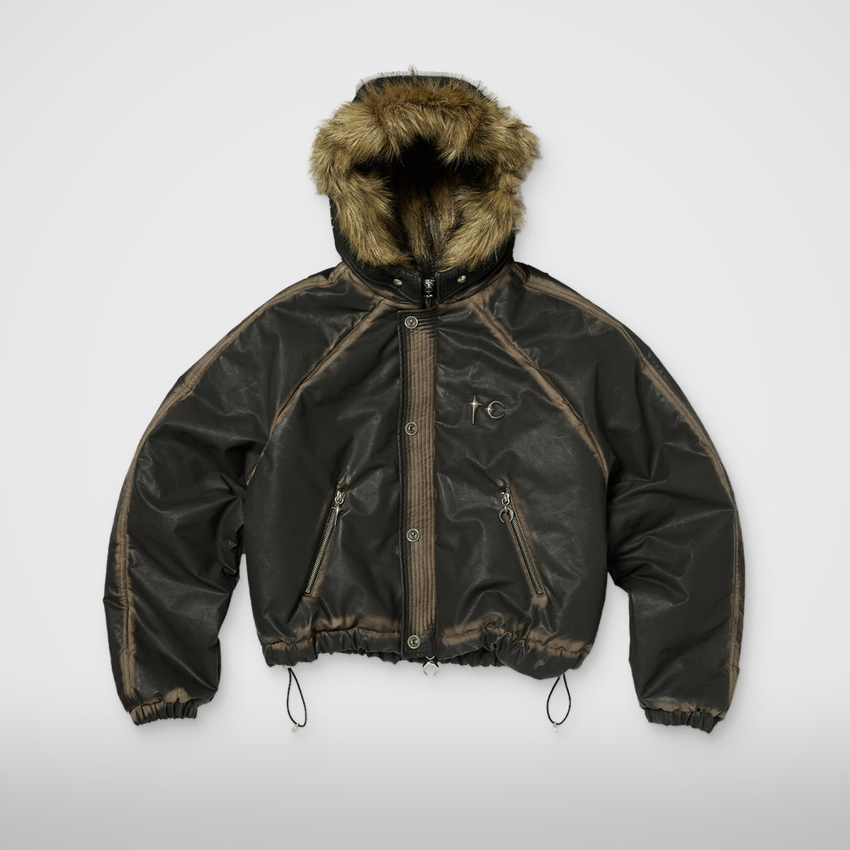 Thug Club Three Riding Skull Fur Hooded Jacket in black, front view