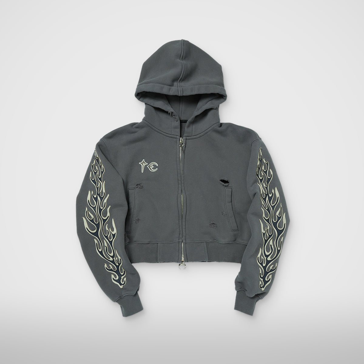 Thug Club Leather Flame Cropped Hooded Zip-Up in gray