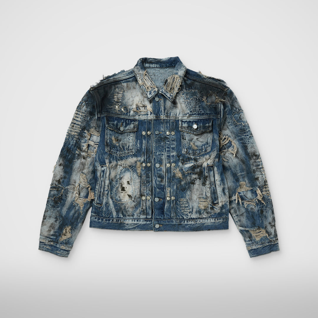Hard-Washed Damaged Denim Jacket