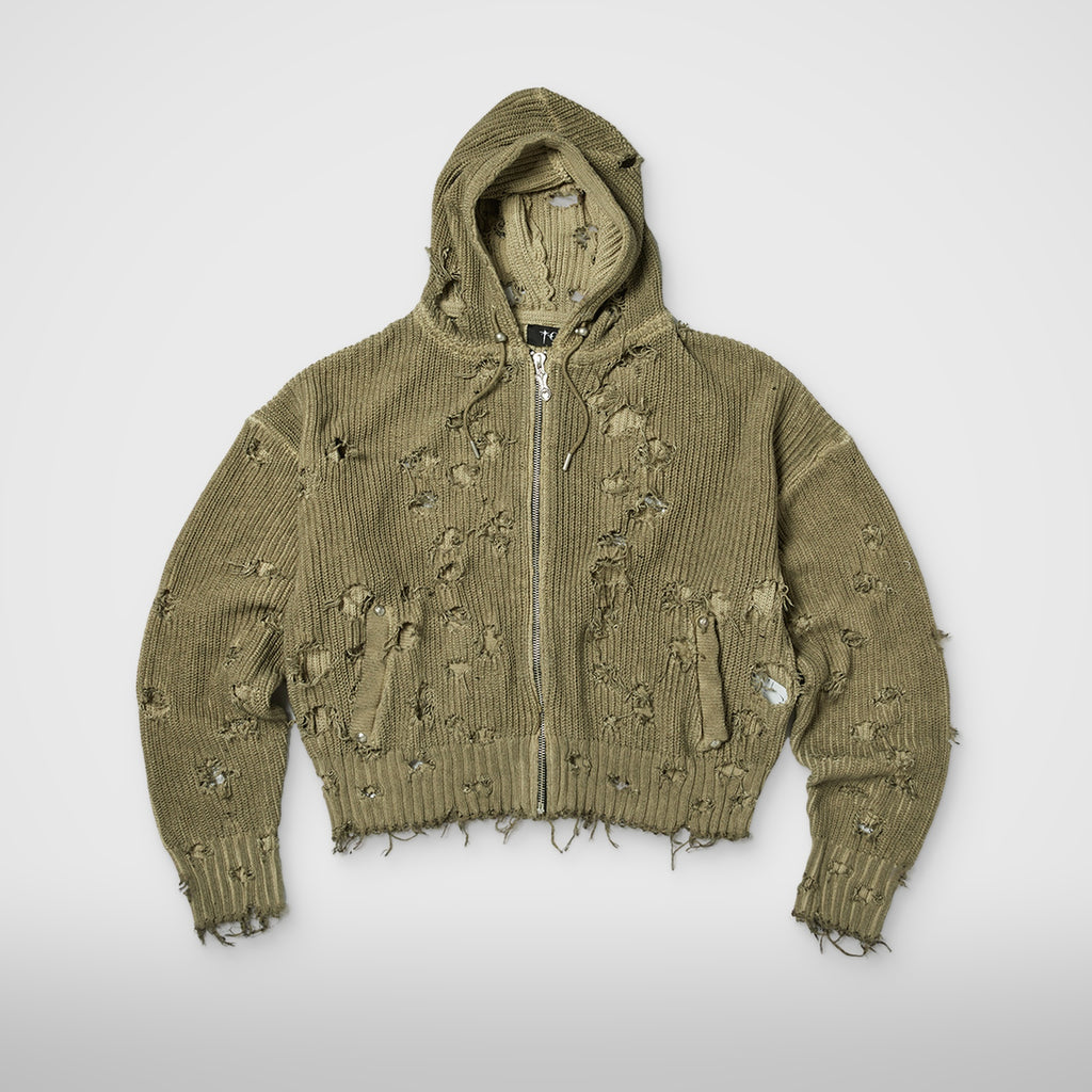 Thug Club TC Destroyed Knit Zip-Up Hoodie in beige