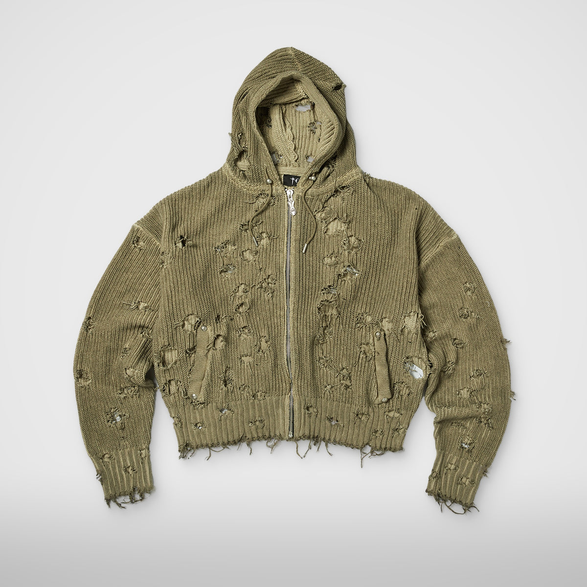 Thug Club TC Destroyed Knit Zip-Up Hoodie in beige