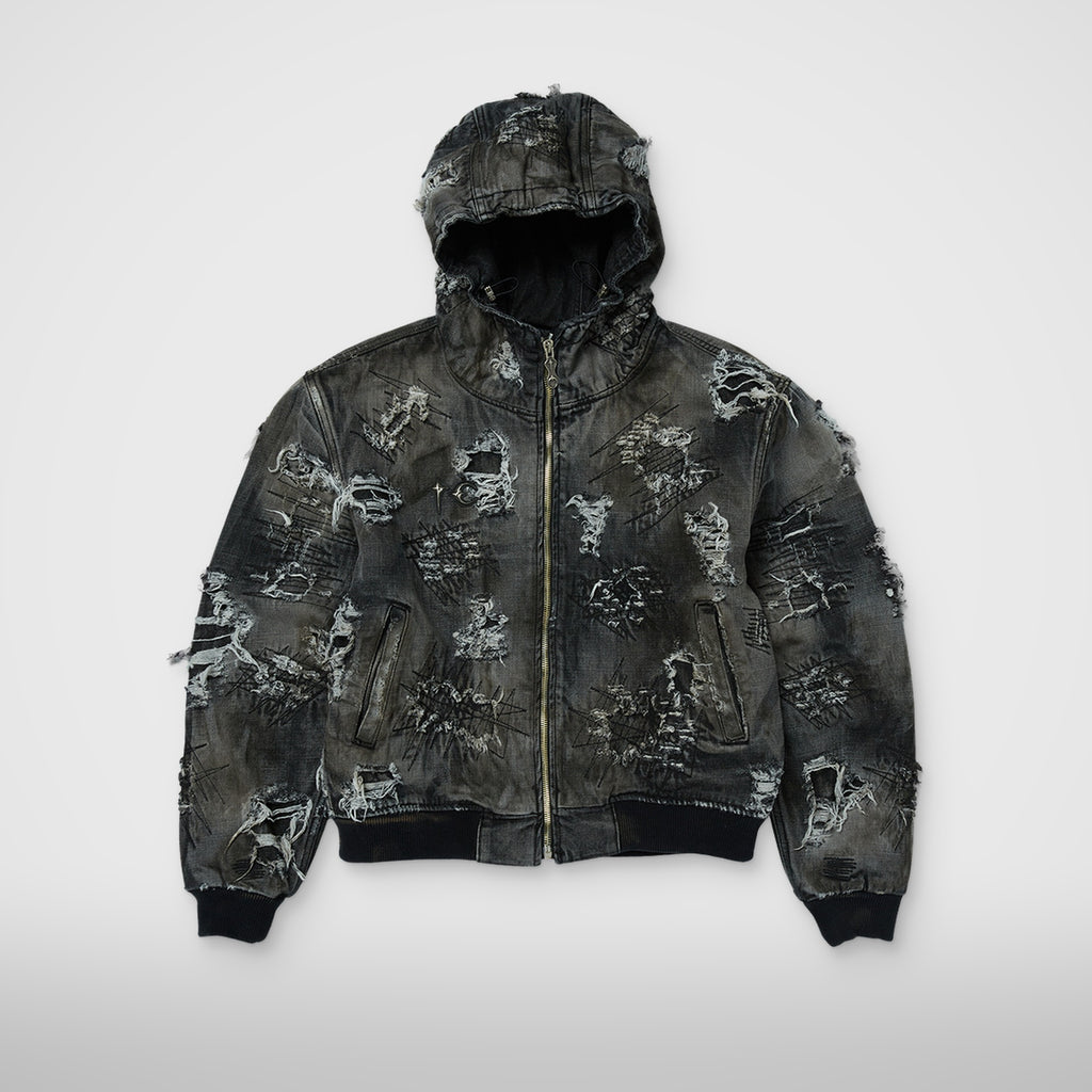 Thug Club Hard-Washed Damaged Denim Hooded Zip-Up in black