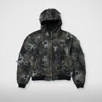Thug Club Hard-Washed Damaged Denim Hooded Zip-Up in black