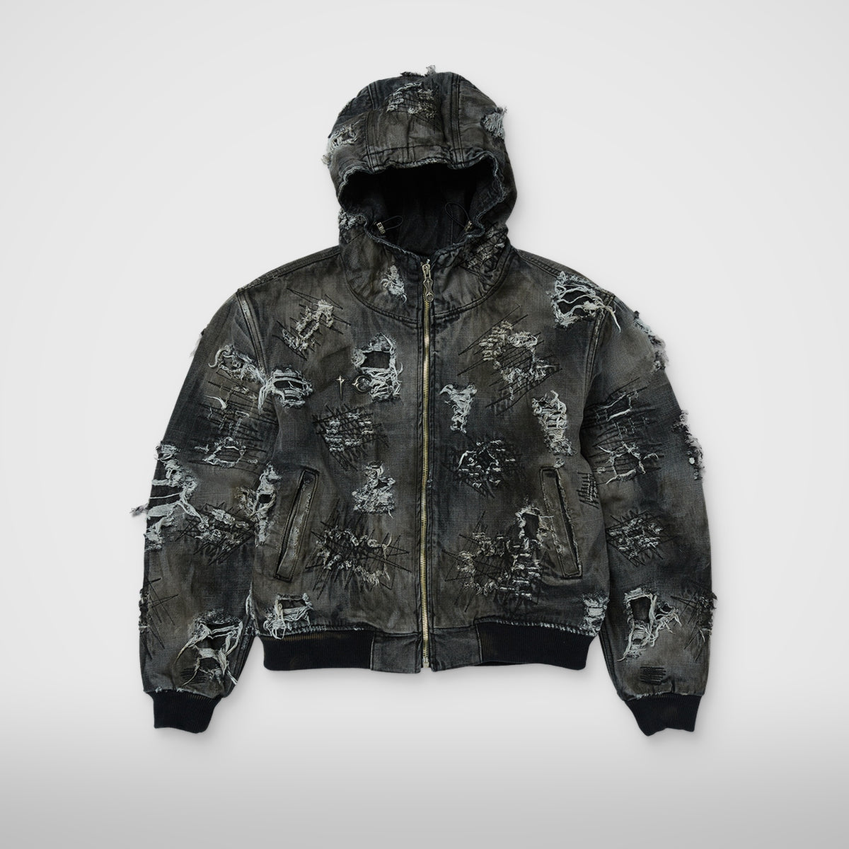 Thug Club Hard-Washed Damaged Denim Hooded Zip-Up in black