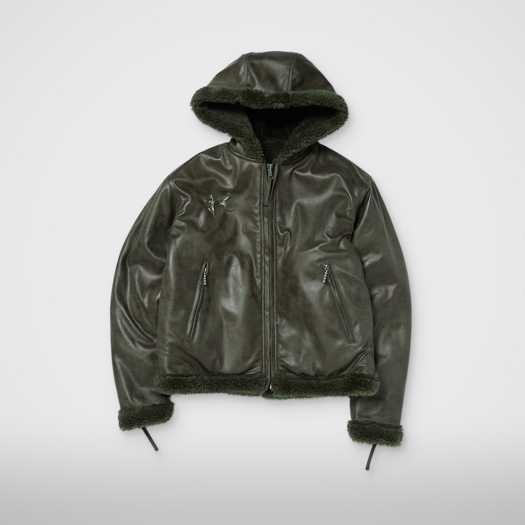 Thug Club TC Reversible Shearling Jacket in khaki, front view