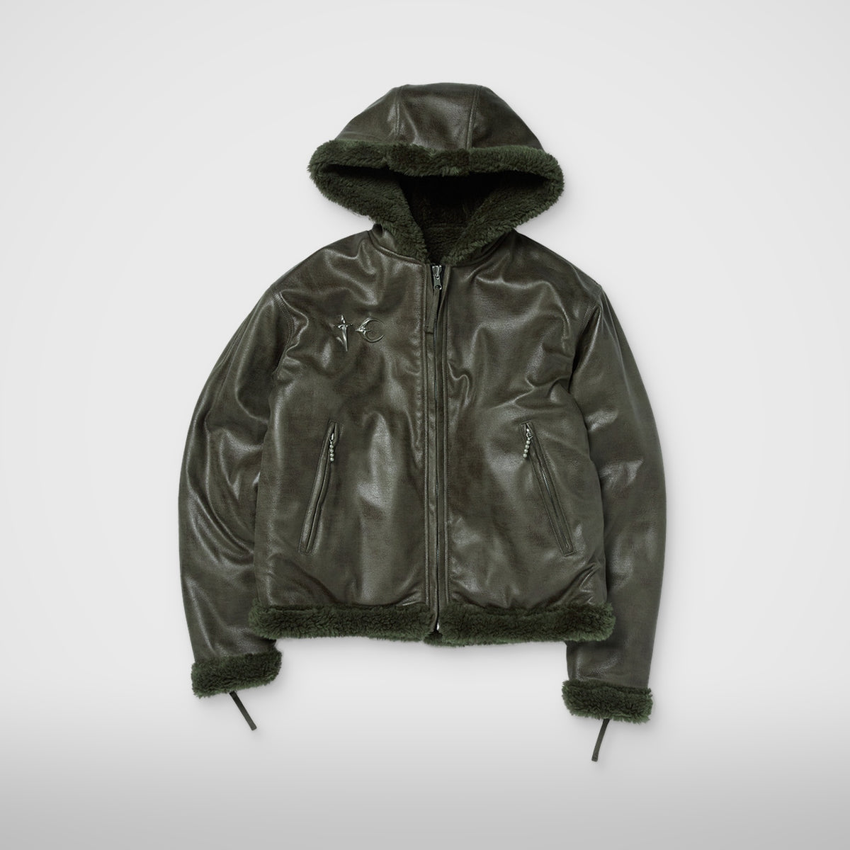 Thug Club TC Reversible Shearling Jacket in khaki, front view