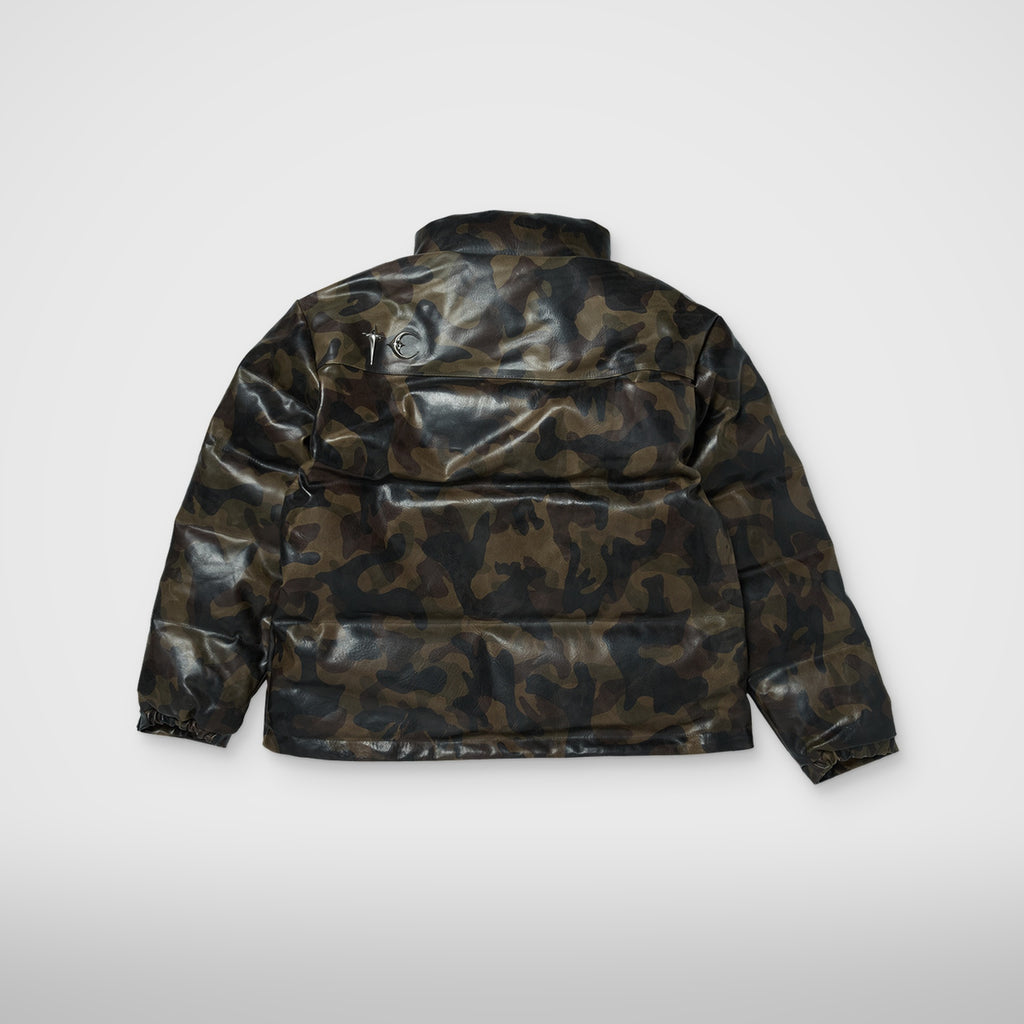 Thug Club Camo Leather Puffer Jacket in dark camo, view 2 of 2