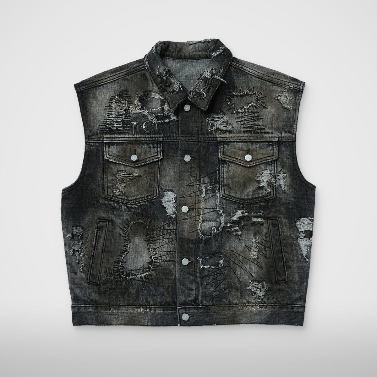 Thug Club Hard-Washed Damaged Denim Vest in black