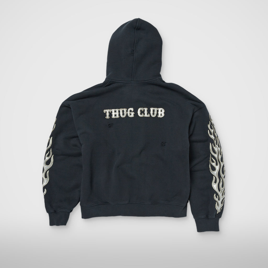 Thug Club Leather Flame Hooded Zip-Up in navy, view 2 of 2