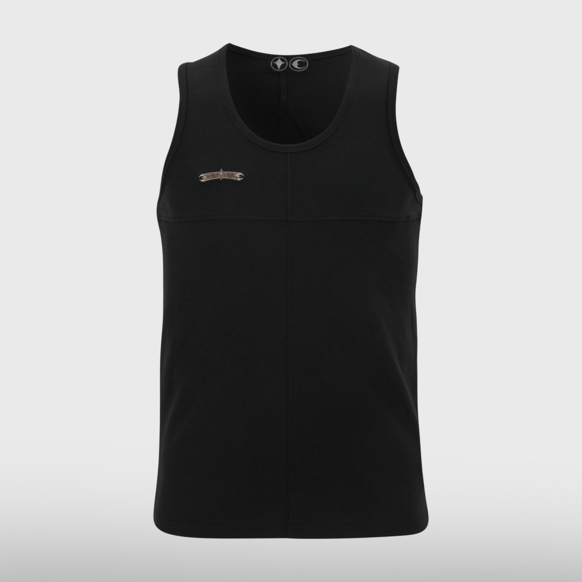Thug Club Emblem Logo Tank Top in black, front view with a silver emblem bar on the chest
