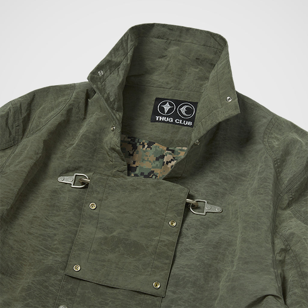 Thug Club Scarred Bio Soldier Trench Coat in khaki, view 4 of 9