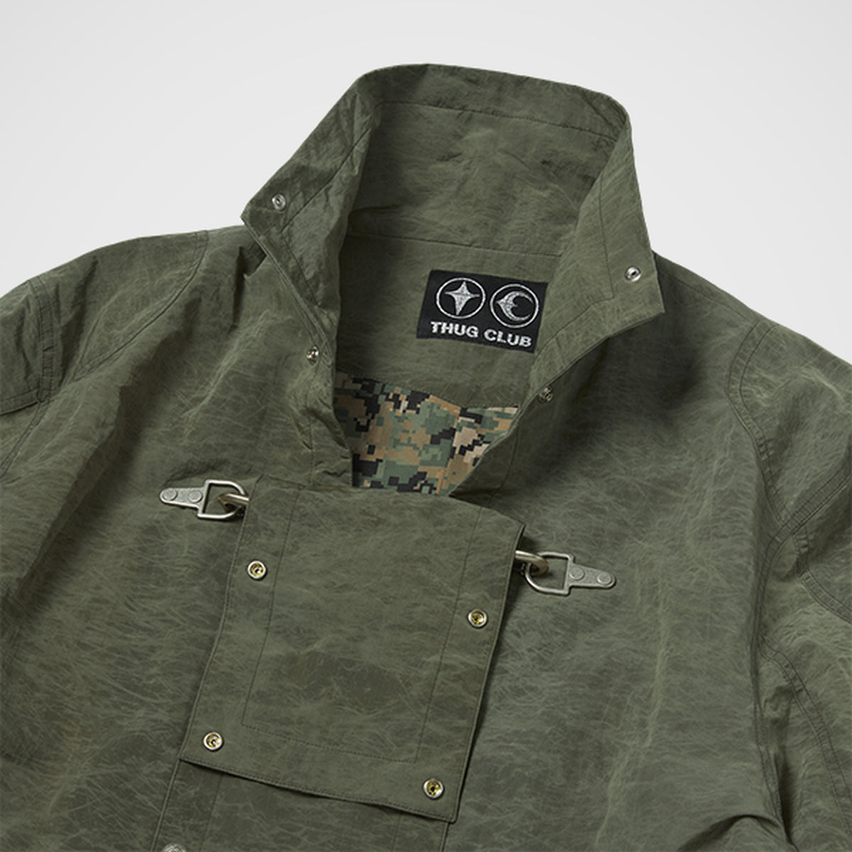 Thug Club Scarred Bio Soldier Trench Coat in khaki, view 4 of 9
