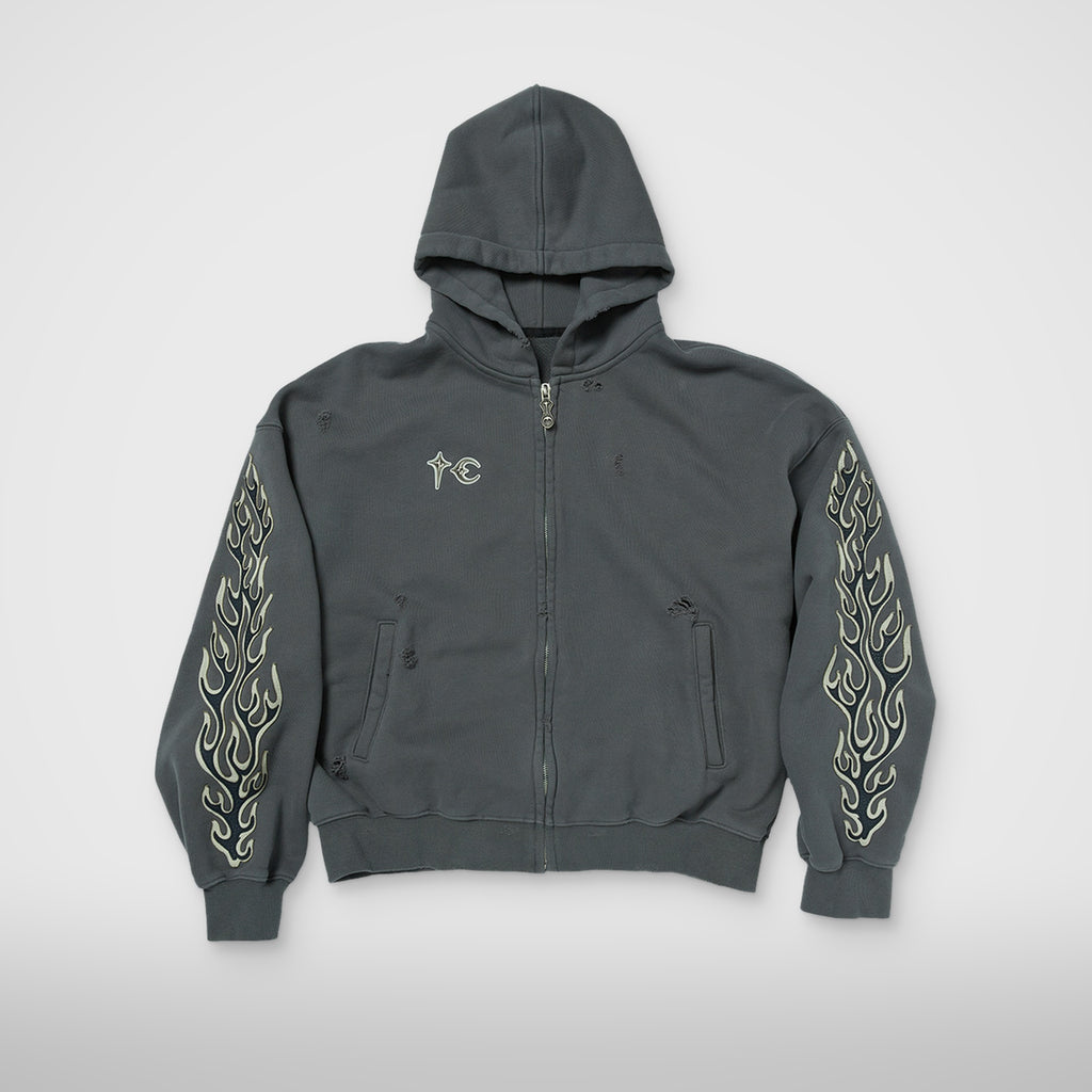 Thug Club Leather Flame Hooded Zip-Up in gray