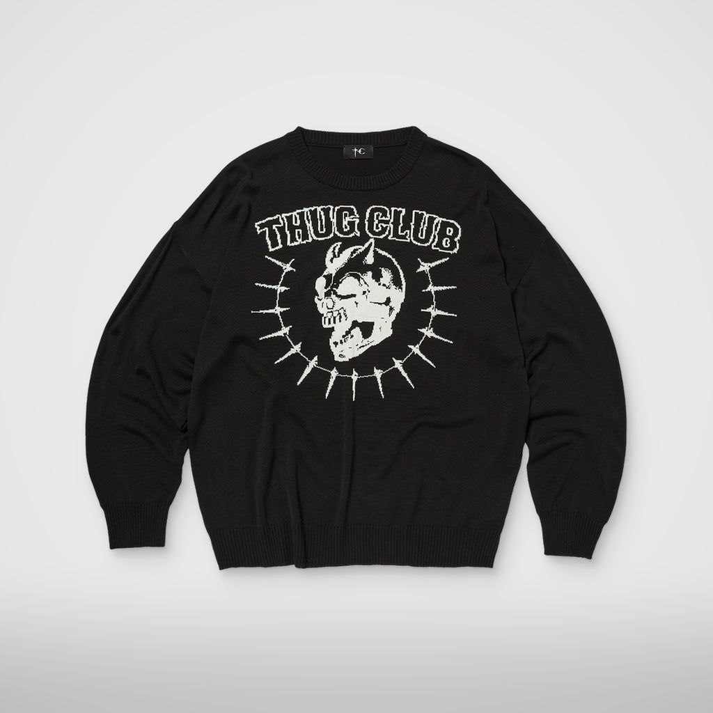Thug Club TC Riding Skull Knit Sweater in black, front view