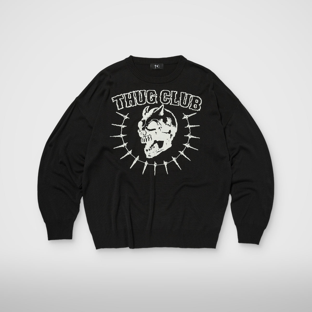 Thug Club TC Riding Skull Knit Sweater in black, front view