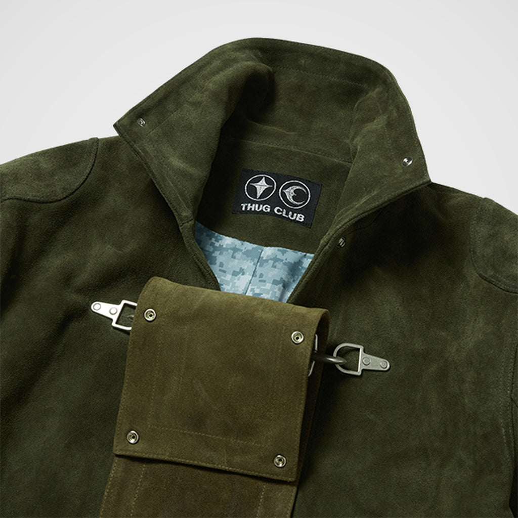 Thug Club Bio Soldier Leather Trench Coat in khaki, view 6 of 11