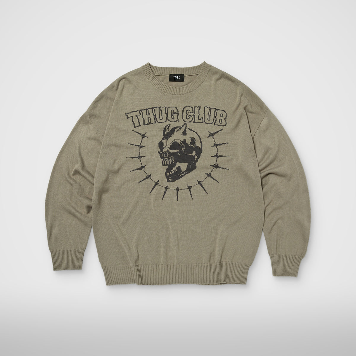 Thug Club TC Riding Skull Knit Sweater in beige, front view