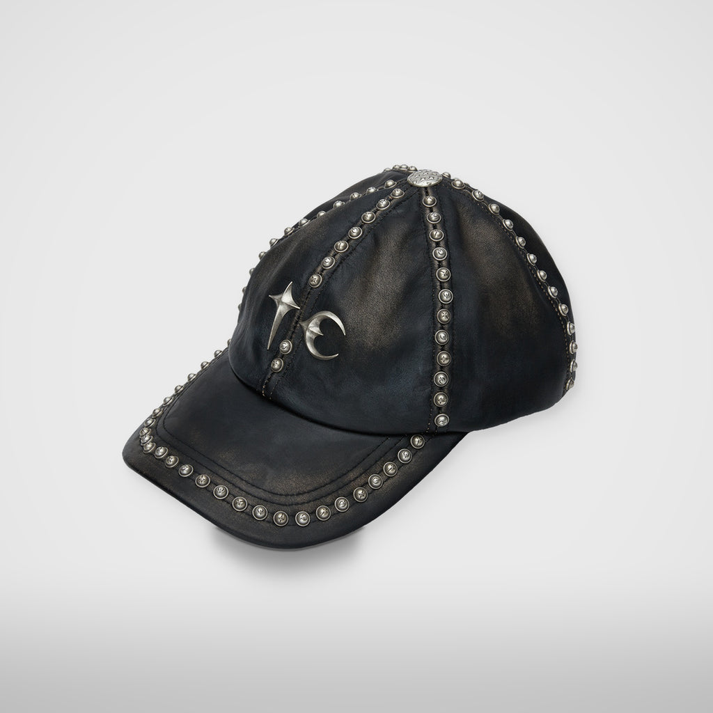 Thug Club Studded Washed Leather Cap in black, view 2 of 3