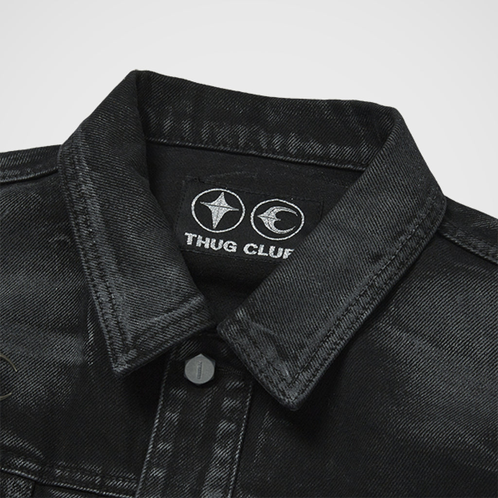 Thug Club Leave A Trace Denim Jacket in black, view 3 of 9
