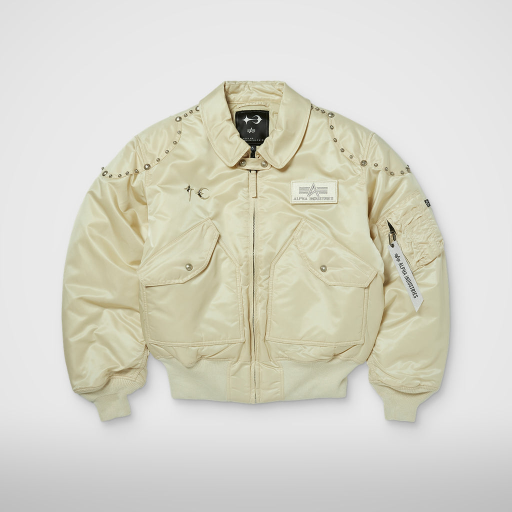 Thug Club X Alpha CWU 45/P Rivet Button Version in vintage white, front view