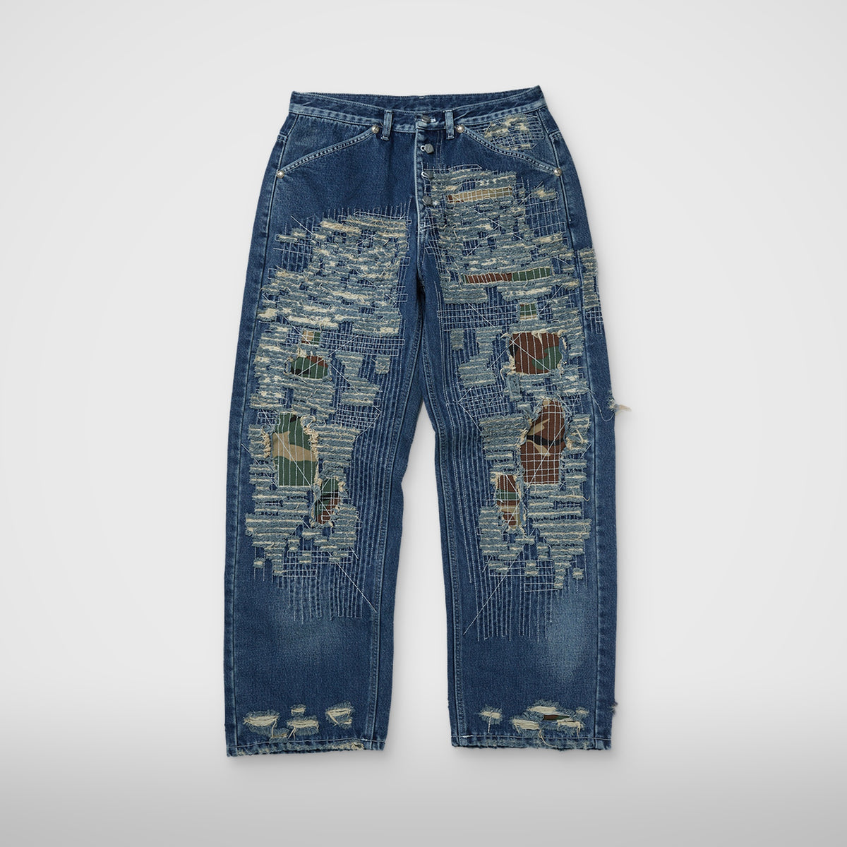 Thug Club Vintage-Stitched Camo Denim Pants in blue