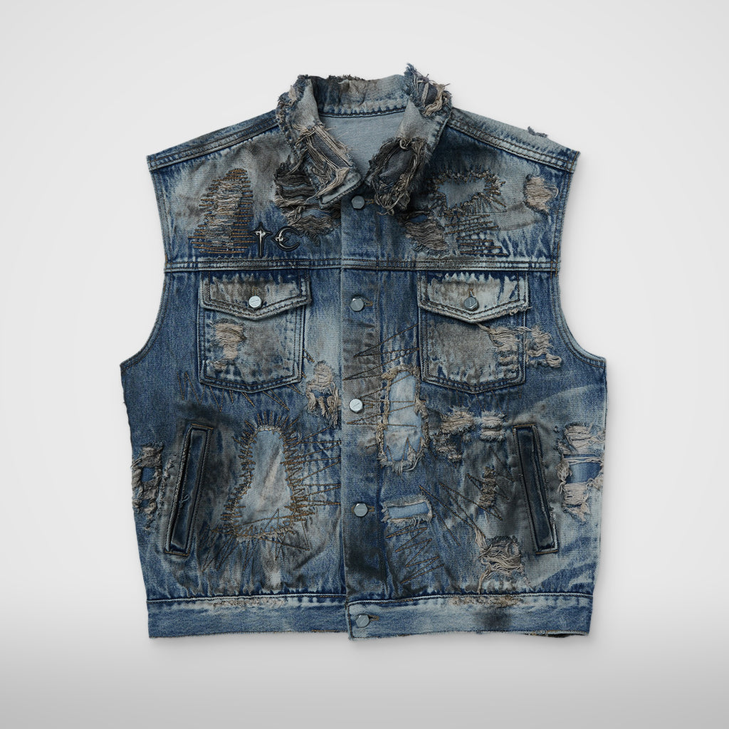 Thug Club Hard-Washed Damaged Denim Vest in blue