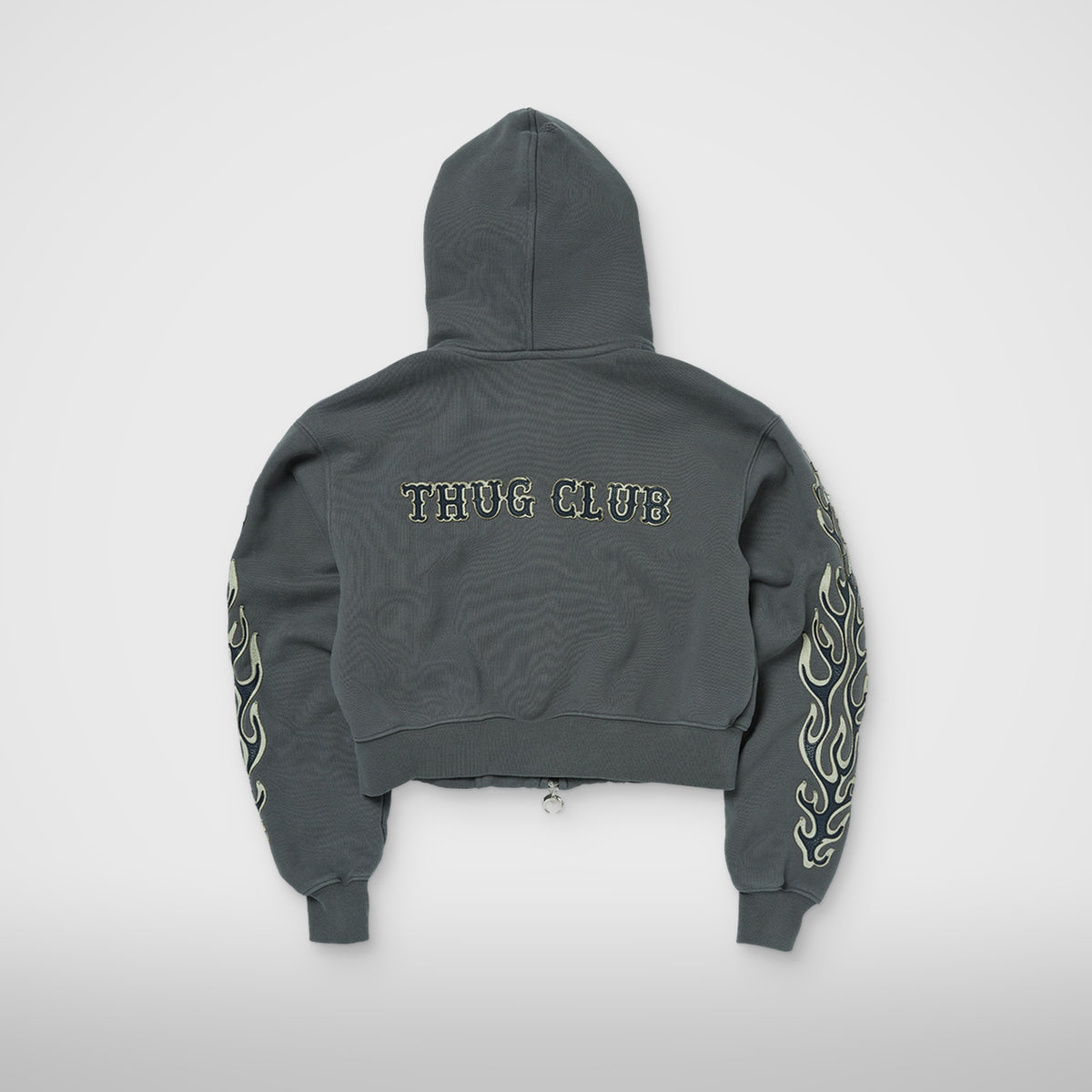 Thug Club Leather Flame Cropped Hooded Zip-Up in gray, view 2 of 2