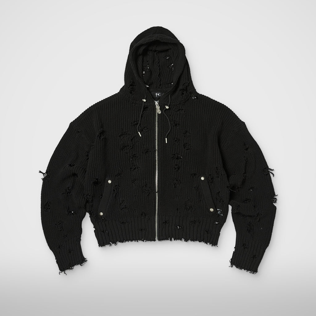 Thug Club TC Destroyed Knit Zip-Up Hoodie in black