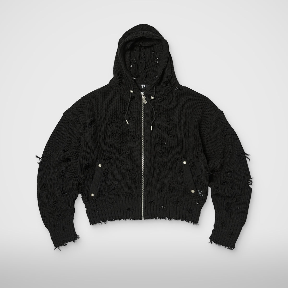 Thug Club TC Destroyed Knit Zip-Up Hoodie in black
