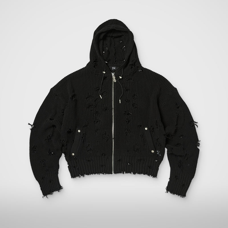 Thug Club TC Destroyed Knit Zip-Up Hoodie in black