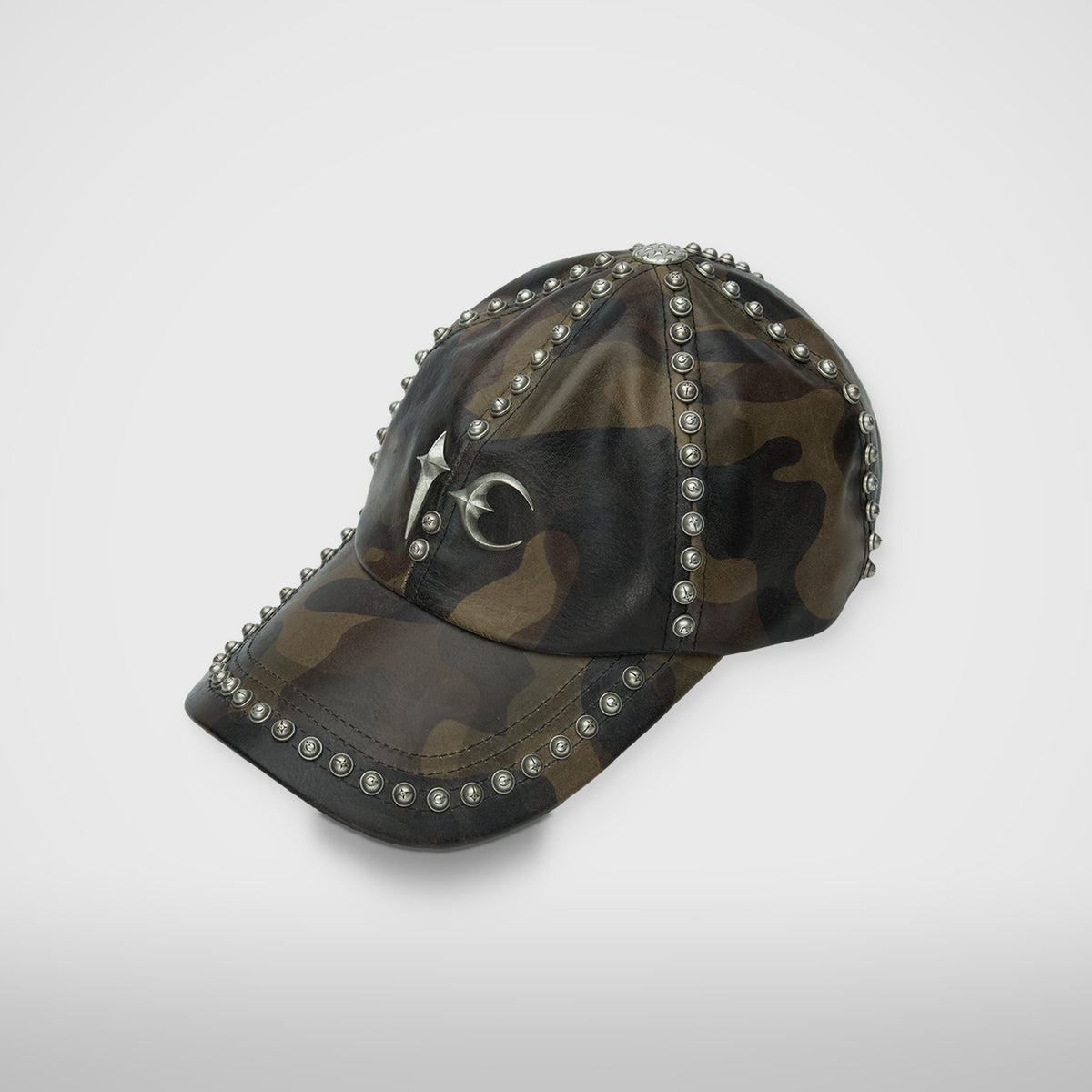Thug Club Studded Camo Leather Cap in dark camo, view 2 of 3