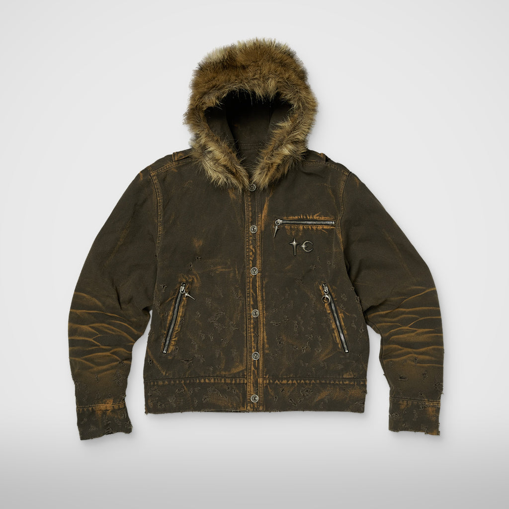 TC TWO TONE WASHED FUR HOODED JACKET