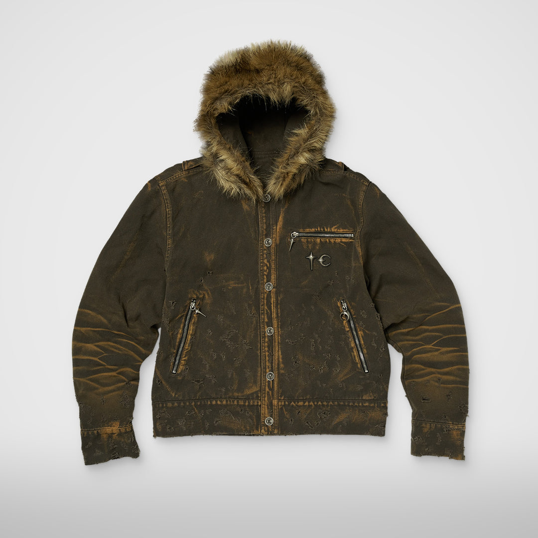 TC TWO TONE WASHED FUR HOODED JACKET