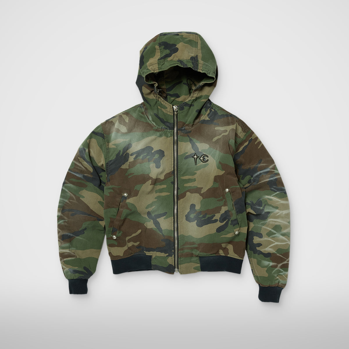 Thug Club Three Riding Skull Vintage Jacket in camo, front view