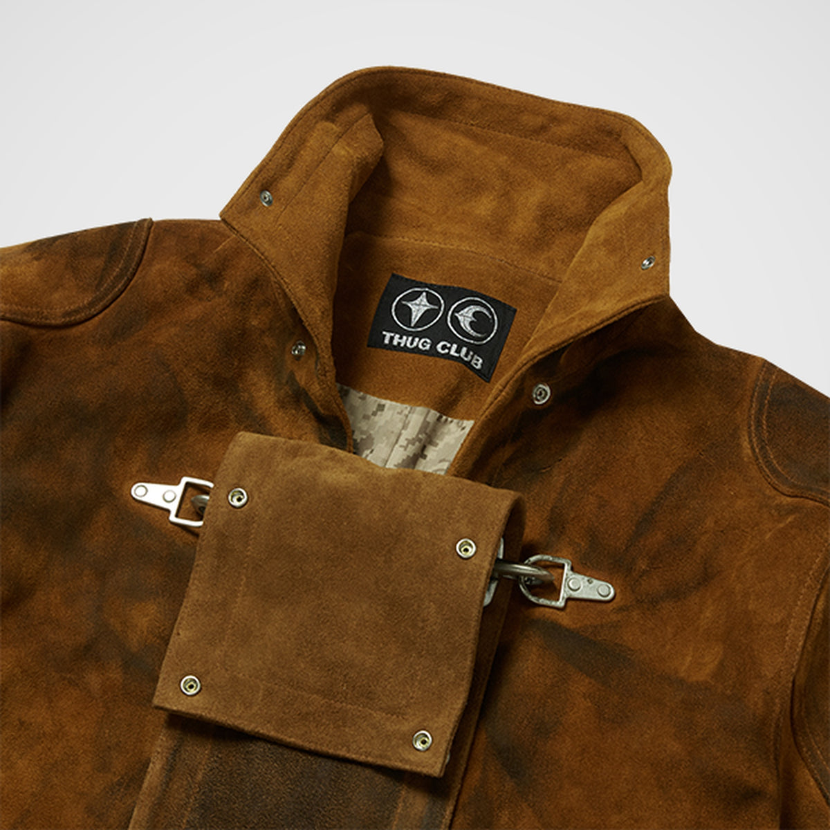 Thug Club Bio Soldier Leather Trench Coat in camel, view 6 of 11
