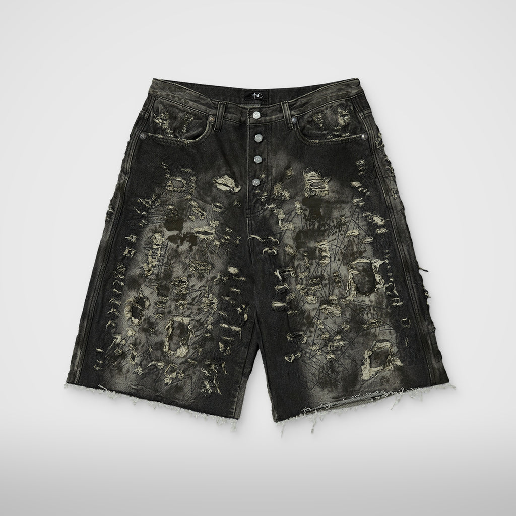 Thug Club Hard Washed Destroyed Denim Shorts in black