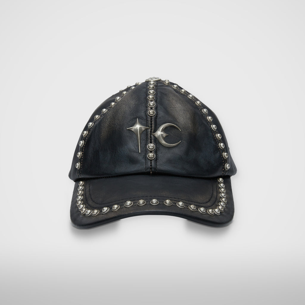 Thug Club Studded Washed Leather Cap in black