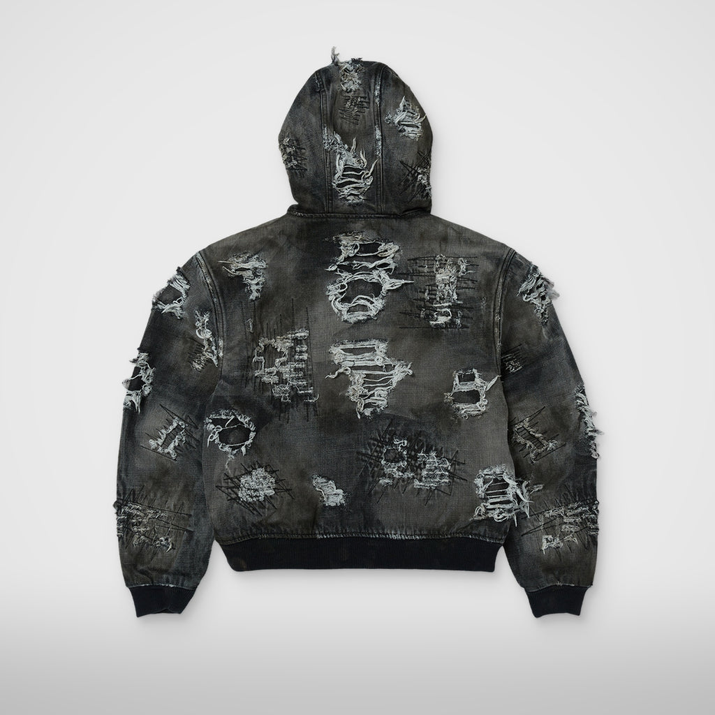 Thug Club Hard-Washed Damaged Denim Hooded Zip-Up in black, view 2 of 2