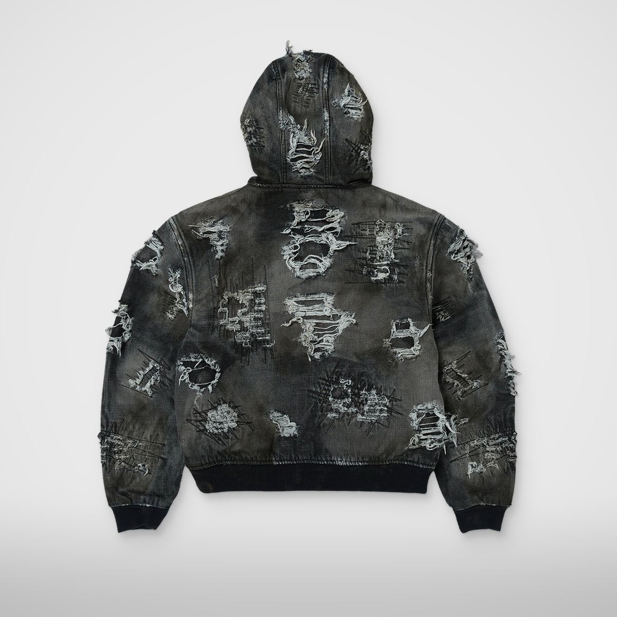 Thug Club Hard-Washed Damaged Denim Hooded Zip-Up in black, view 2 of 2