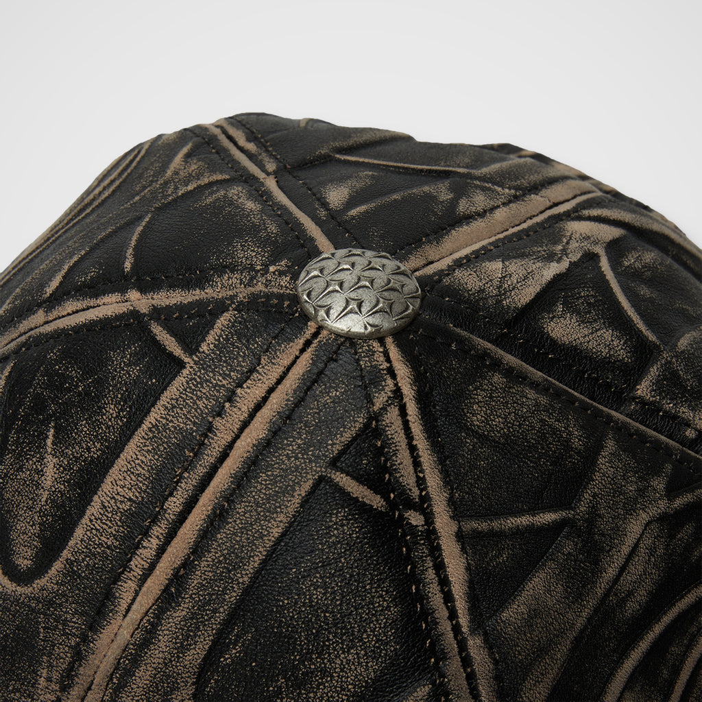 Thug Club TC Leather Chopper Cap in black, close-up detail, view 4 of 5